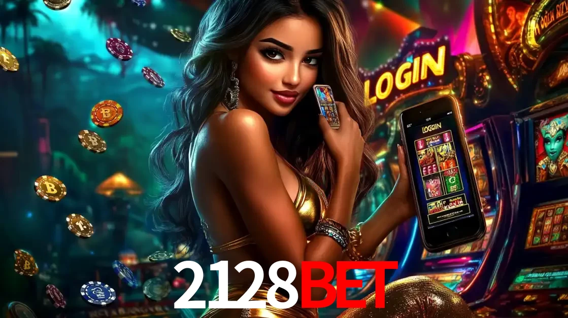 Mulher em um cenário de cassino temático de aventura, mostrando o app de caça-níqueis da 2128bet no celular. Fichas de apostas flutuam ao redor.