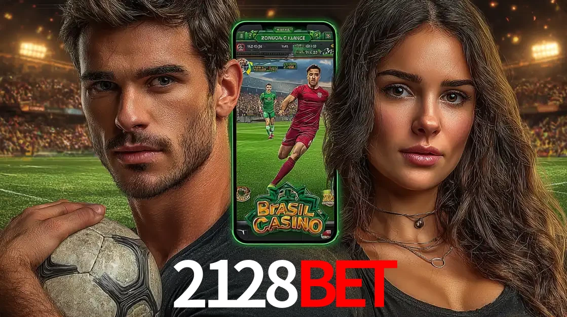 Homem segurando uma bola de futebol e uma mulher ao lado de um smartphone exibindo o jogo de apostas esportivas da 2128bet. Faça seu palpite no cassino online.